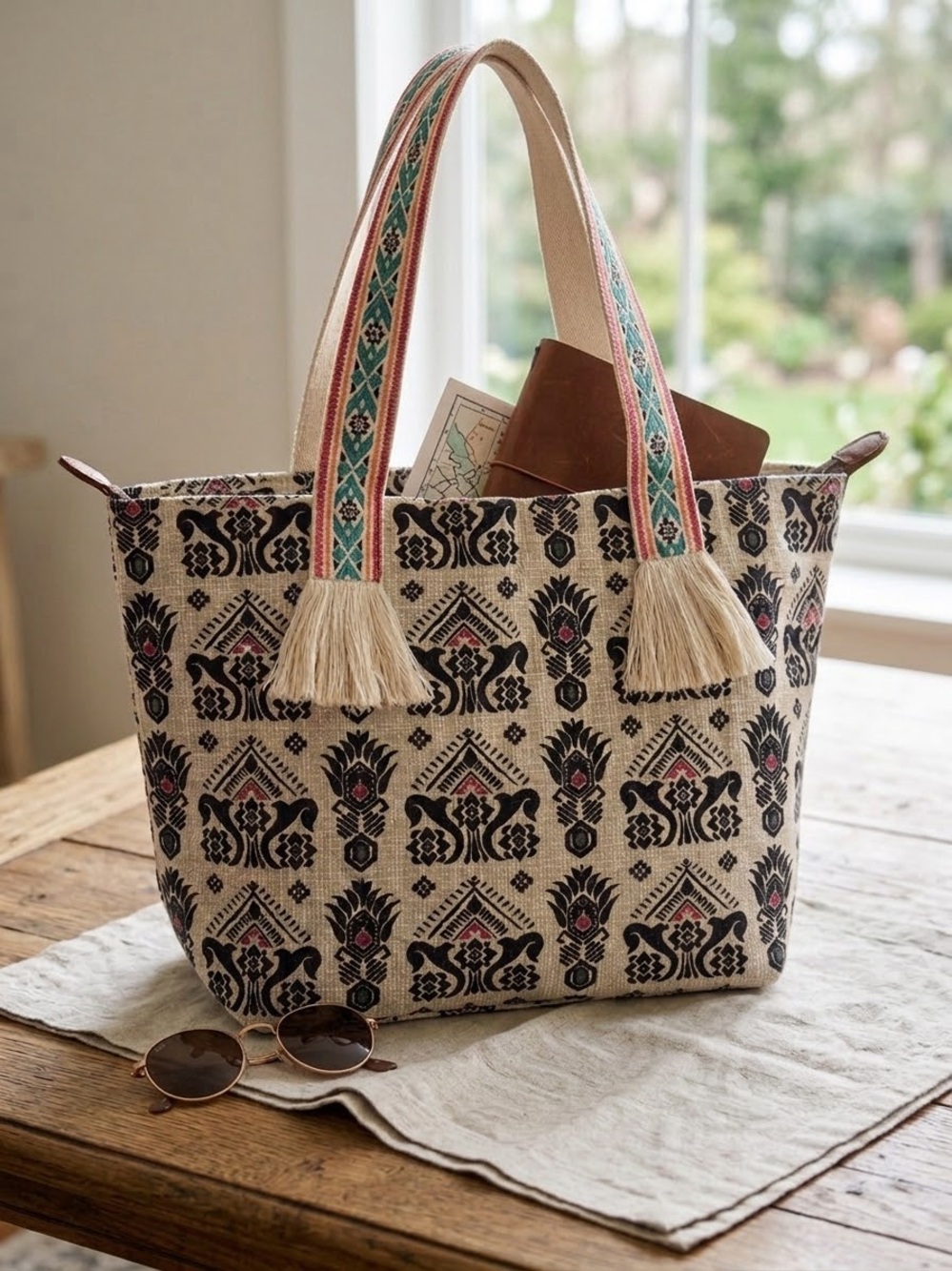 Woven Boho Tote Bag in Natural, Black & Pink